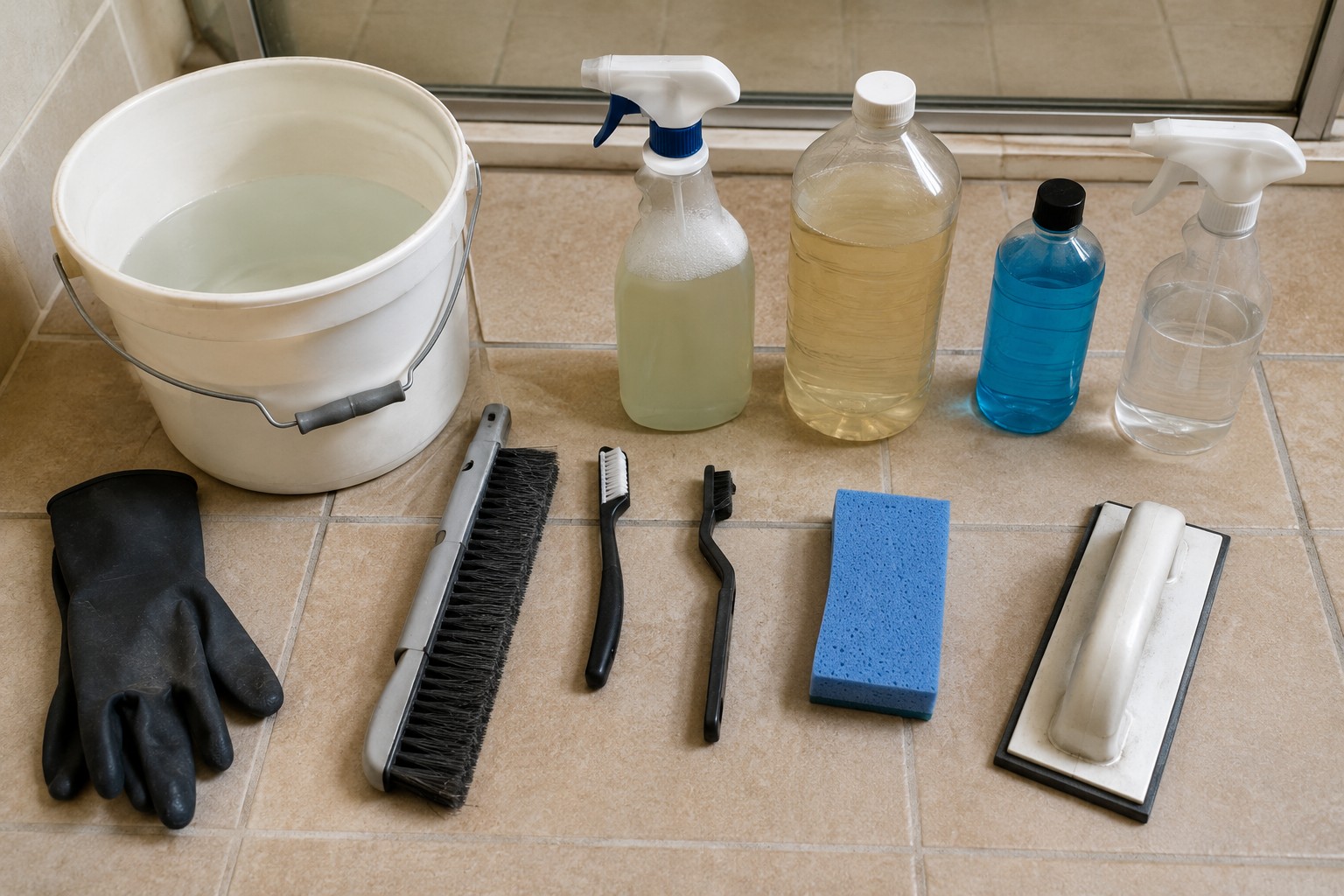 Cleaning tools and grout cleaning solution laid out before a job