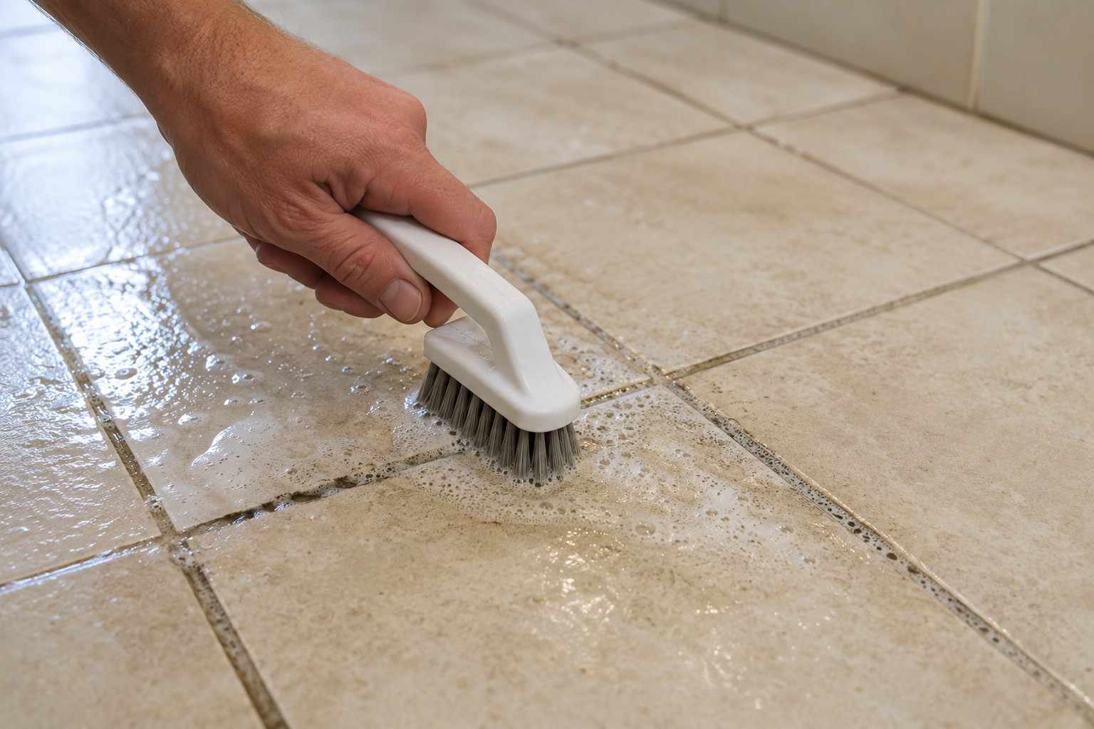 Grout brush in use during a cleaning