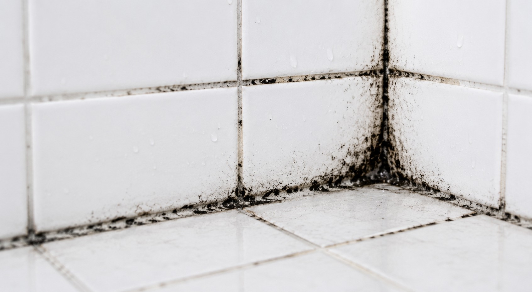 Black mold growing along shower tile grout lines