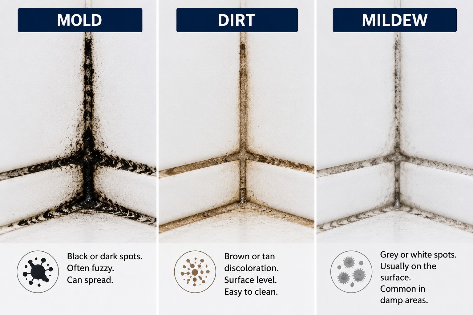 Side-by-side comparison of black mold, mildew, and dirt on tile grout