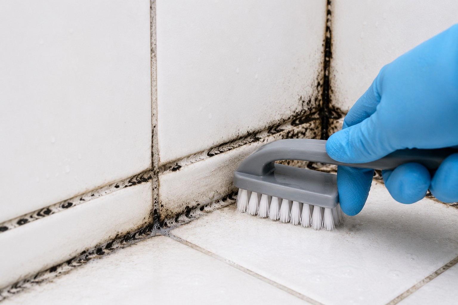 Scrubbing black mold off grout with a stiff-bristle brush