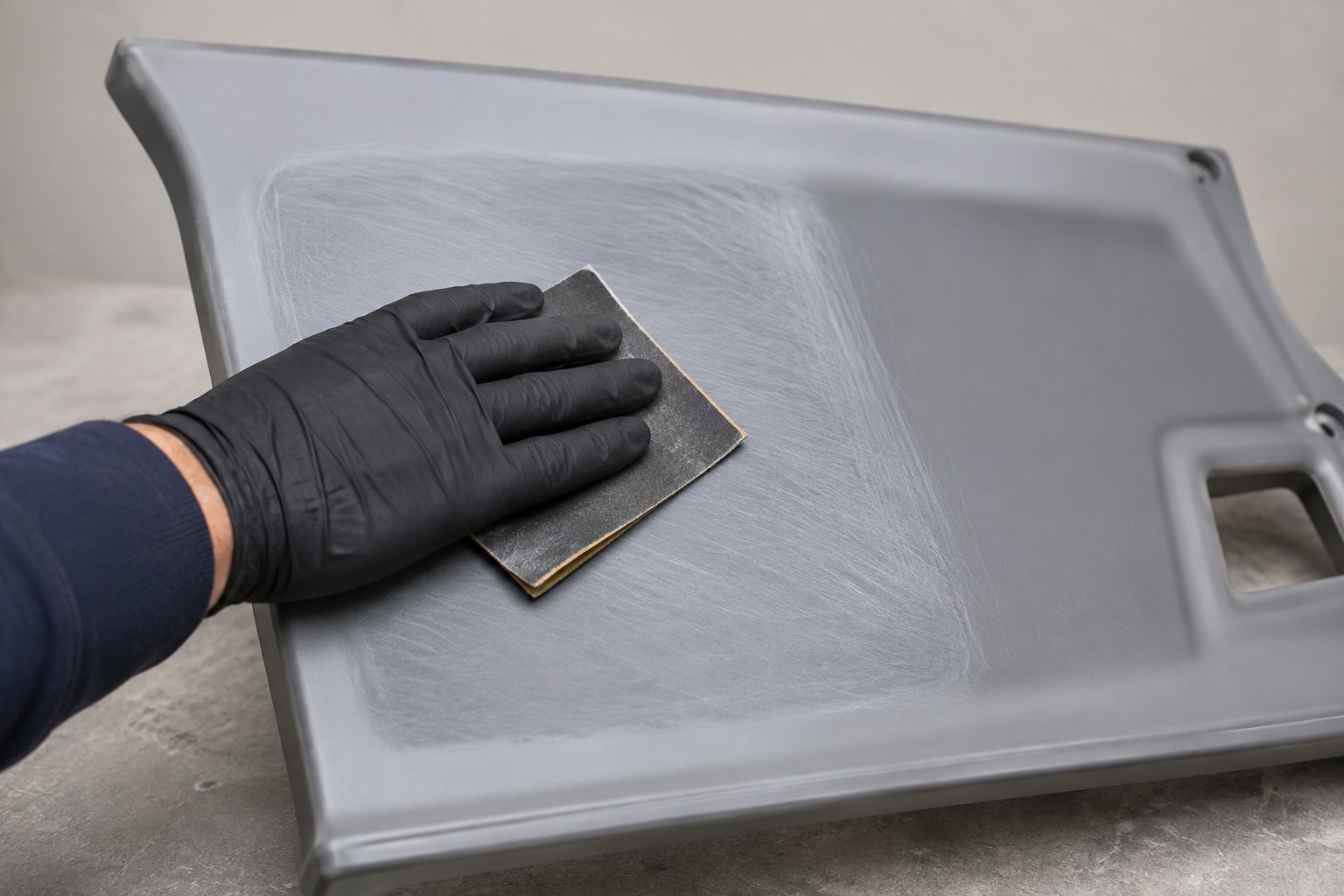 Gloved hand sanding a smooth plastic panel to roughen the surface before applying epoxy grout