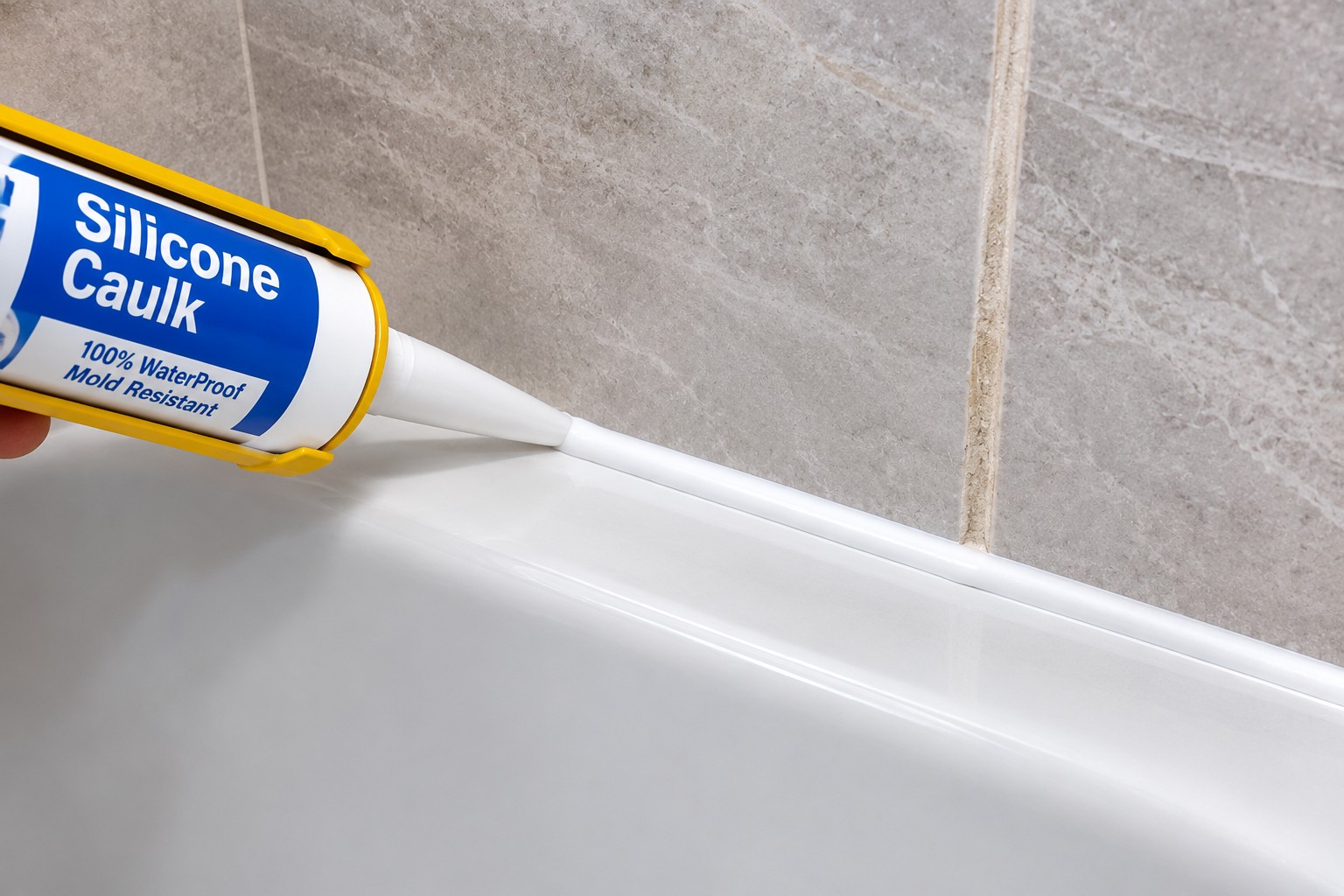 Fresh silicone caulk bead applied along a tub corner next to a cured grout line