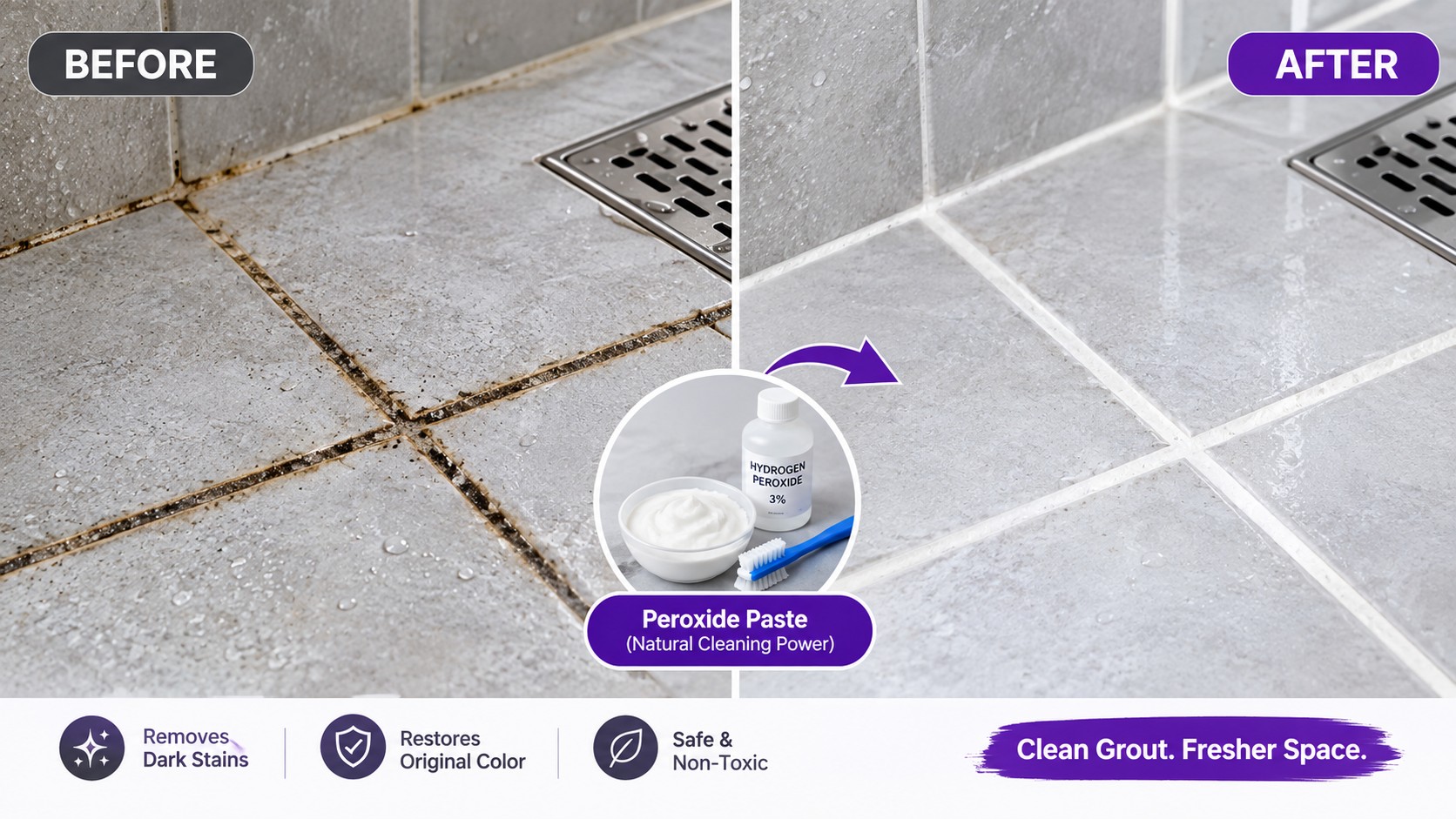 How to Remove Black Mold Stains from Grout Without Bleach 7 Before and after comparison of shower grout cleaned with peroxide paste, dark stains gone