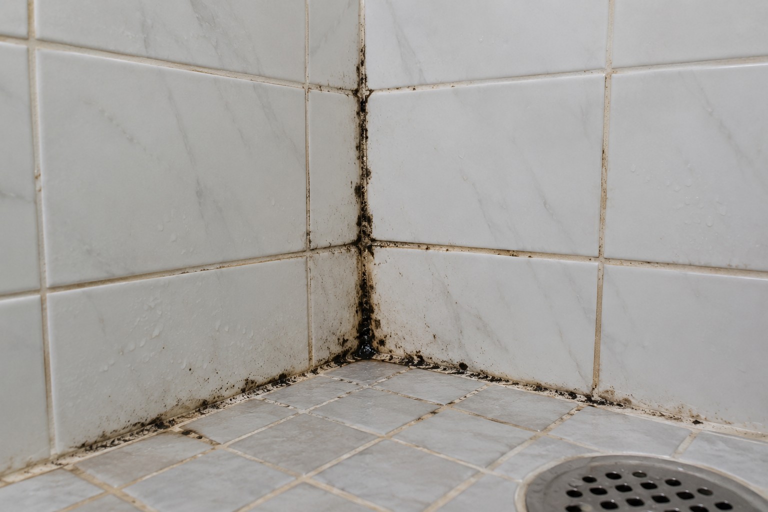 How to Remove Black Mold Stains from Grout Without Bleach 3 Black mold stains from grout in a shower corner before cleaning