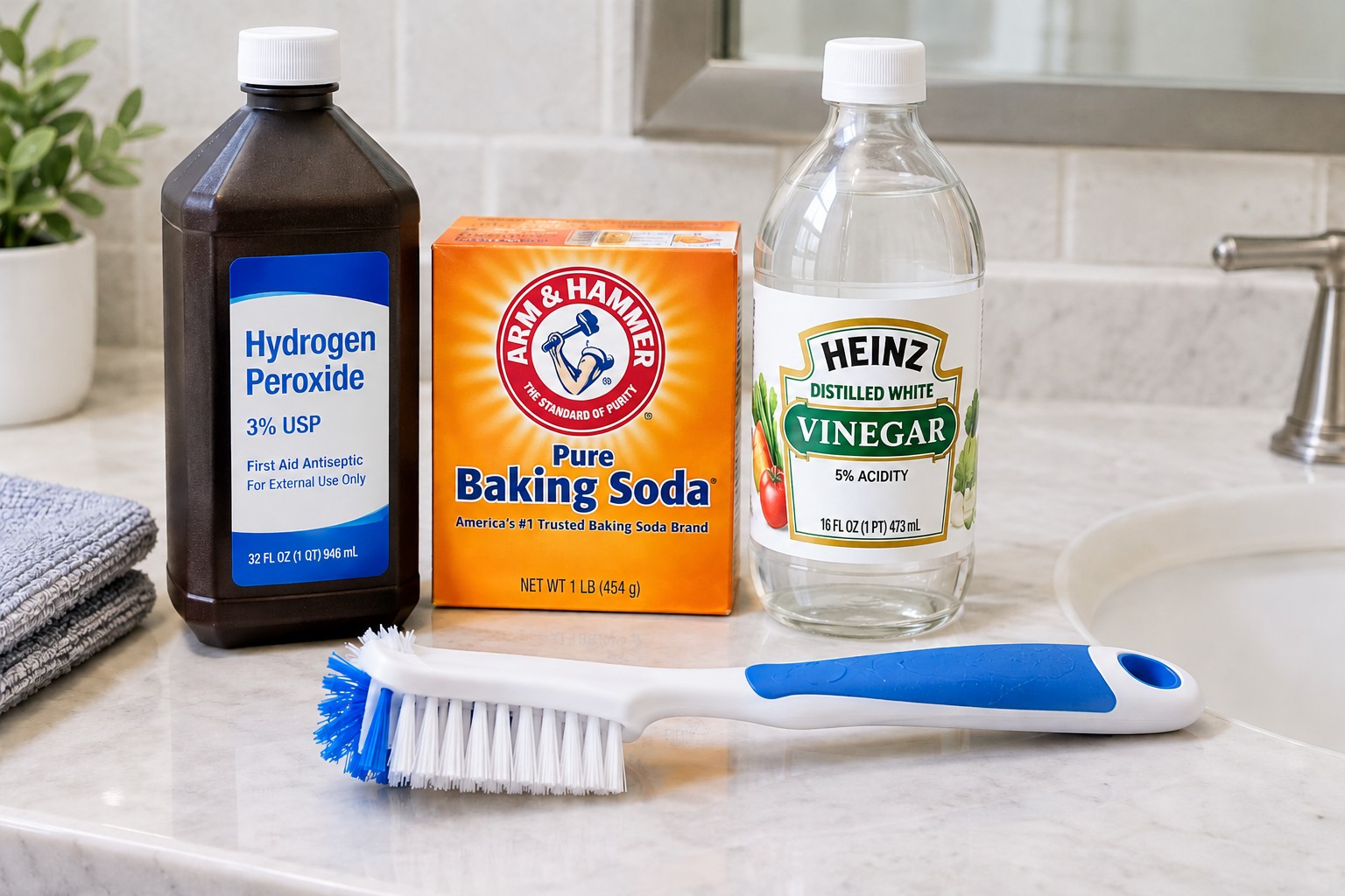 How to Remove Black Mold Stains from Grout Without Bleach 4 Hydrogen peroxide, baking soda, white vinegar and nylon grout brush laid out on a bathroom counter