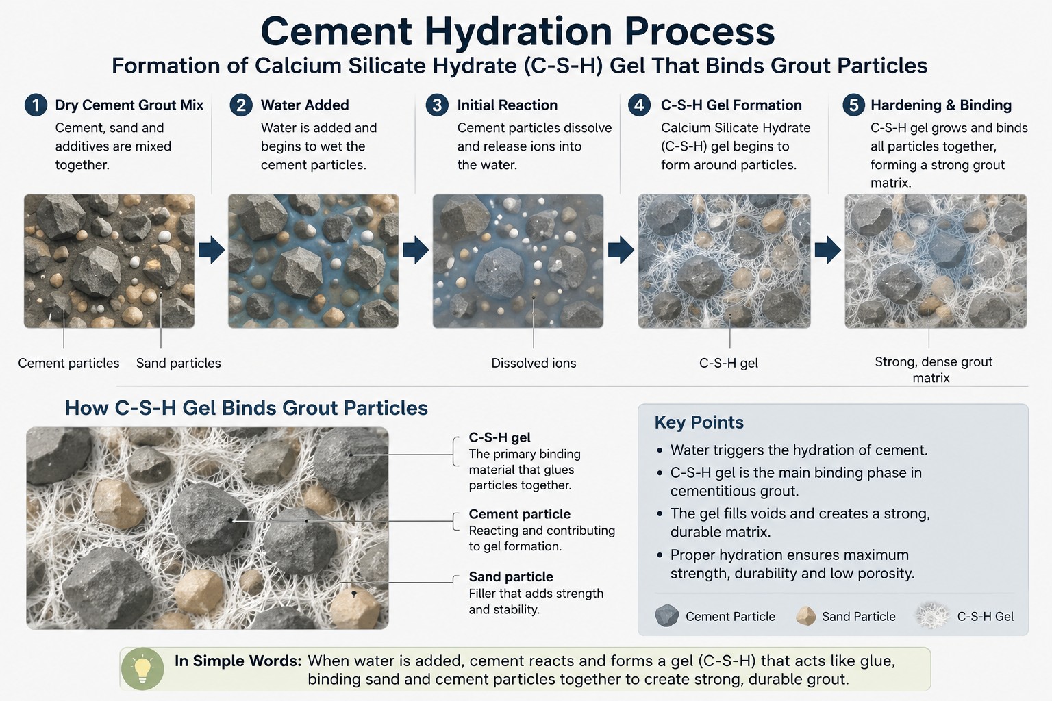 cement hydration process forming calcium silicate hydrate gel that binds grout particles