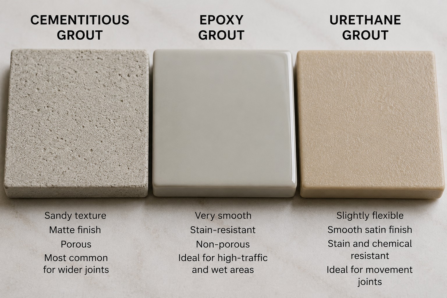 cementitious, epoxy, and urethane grout samples side by side showing texture differences