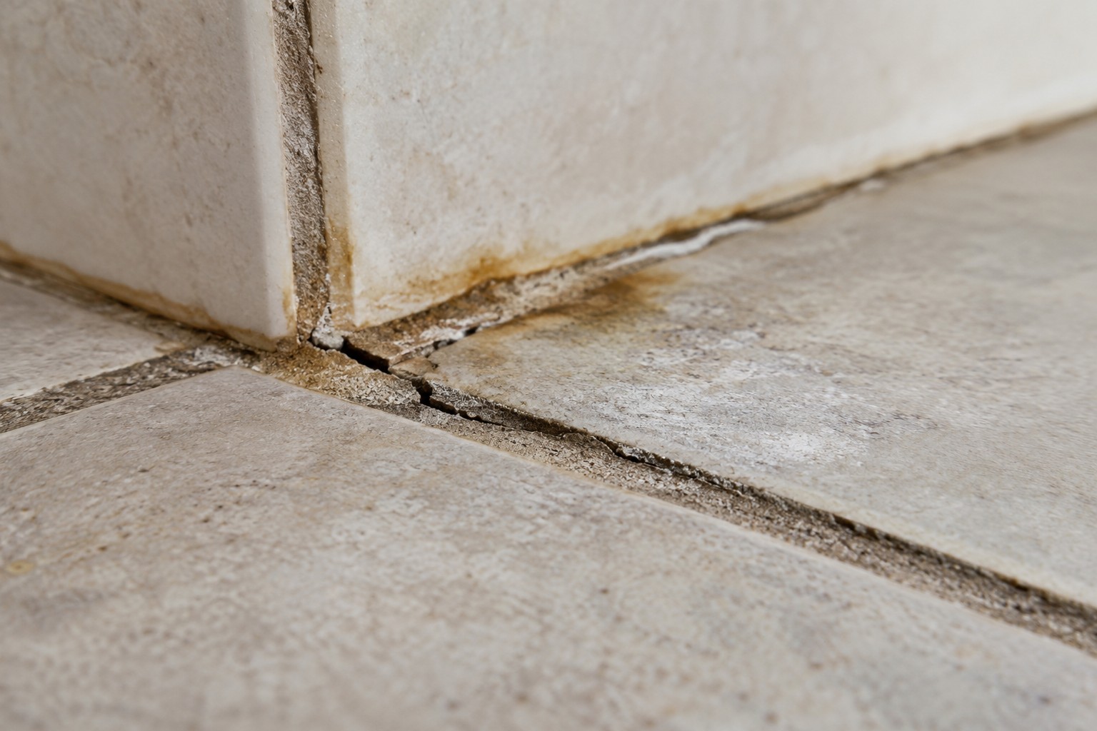 Close-up of cracked grout at a tile edge where dog urine may have soaked beneath the tile