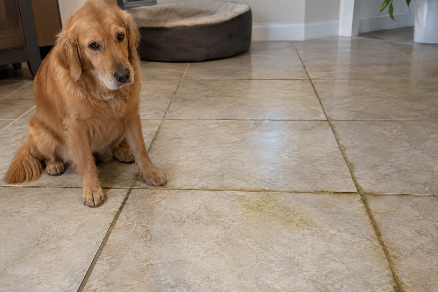 Dog sitting on a tile floor with visible grout lines where dog urine smell in grout has built up