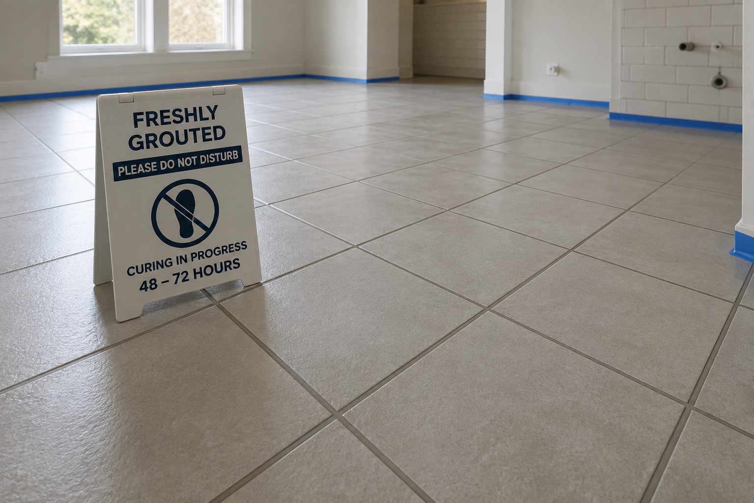 freshly grouted tile floor left undisturbed during the 48 to 72 hour curing window