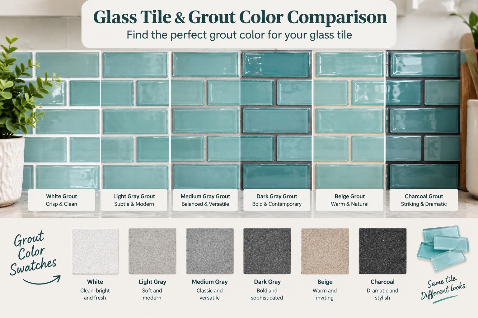 grout color swatches compared against glass subway tile for matching and contrast options