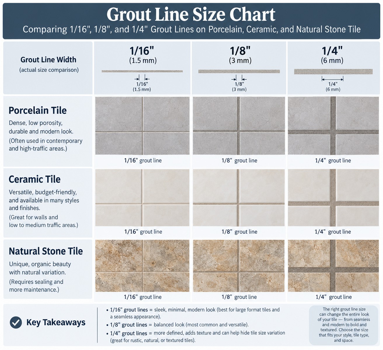 Grout line size chart comparing 1/16 inch, 1/8 inch, and 1/4 inch grout lines on porcelain, ceramic, and natural stone tile