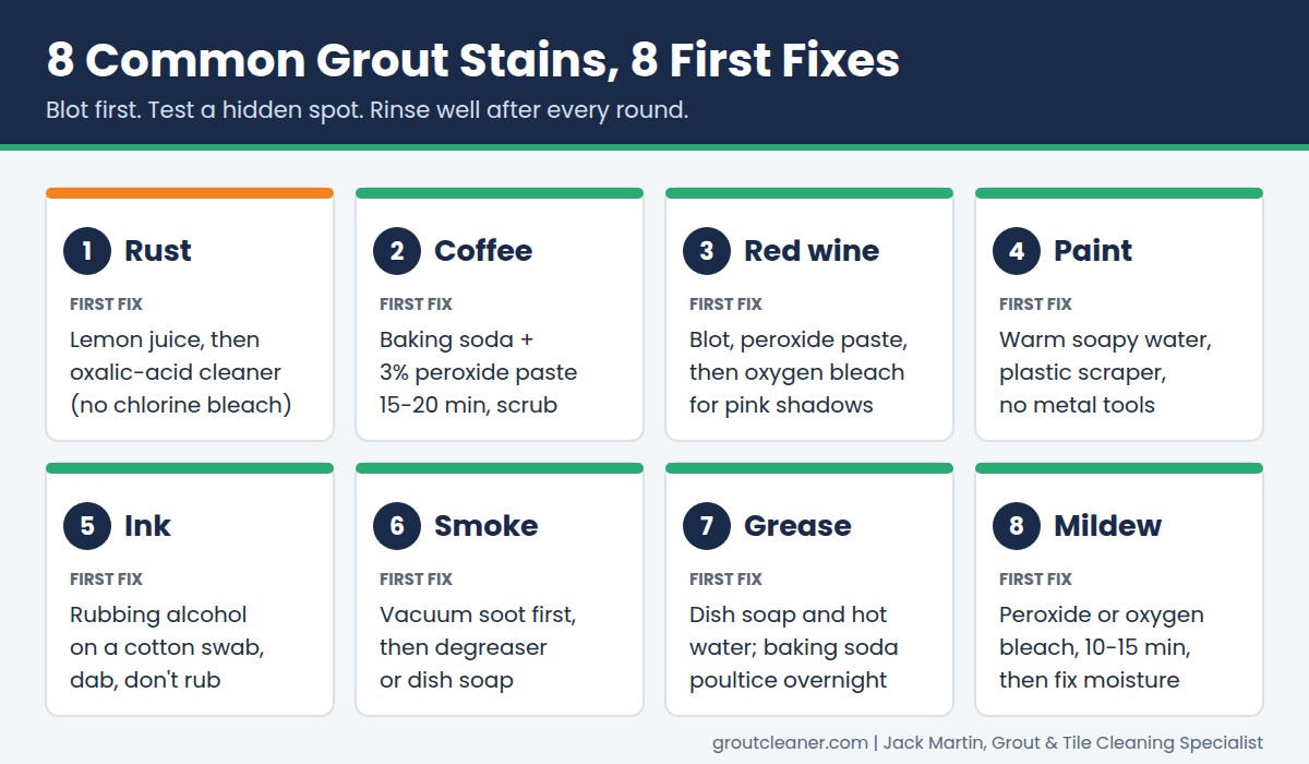 Infographic showing the best first fix for eight common grout stains: rust, coffee, red wine, paint, ink, smoke, grease and mildew