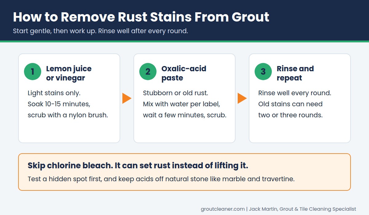 Three-step diagram showing how to remove rust stains from grout with lemon juice or vinegar, an oxalic-acid paste, then rinsing and repeating