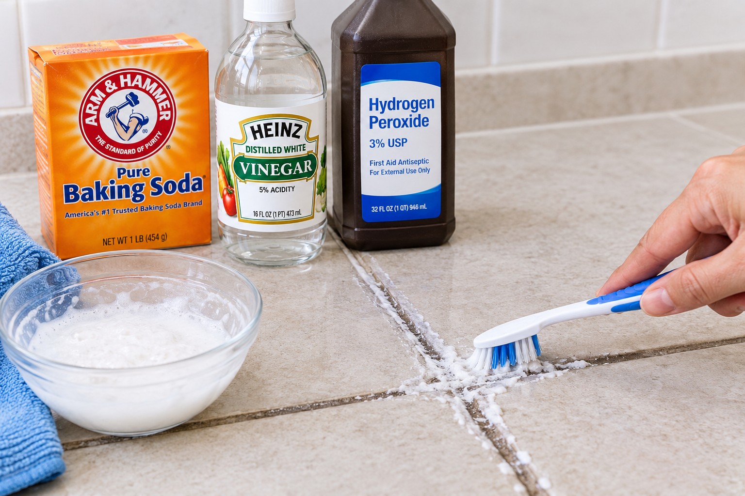 How to Remove Black Mold Stains from Grout Without Bleach 5 Baking soda and hydrogen peroxide paste pressed into dark grout lines with a toothbrush