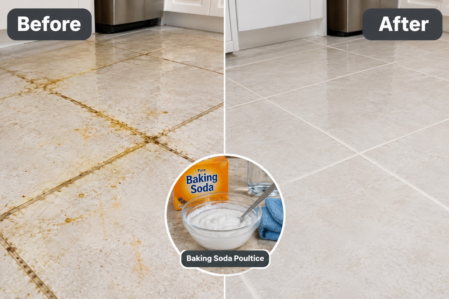 Before and after photo of a grease stain removed from tile grout using a baking soda poultice
