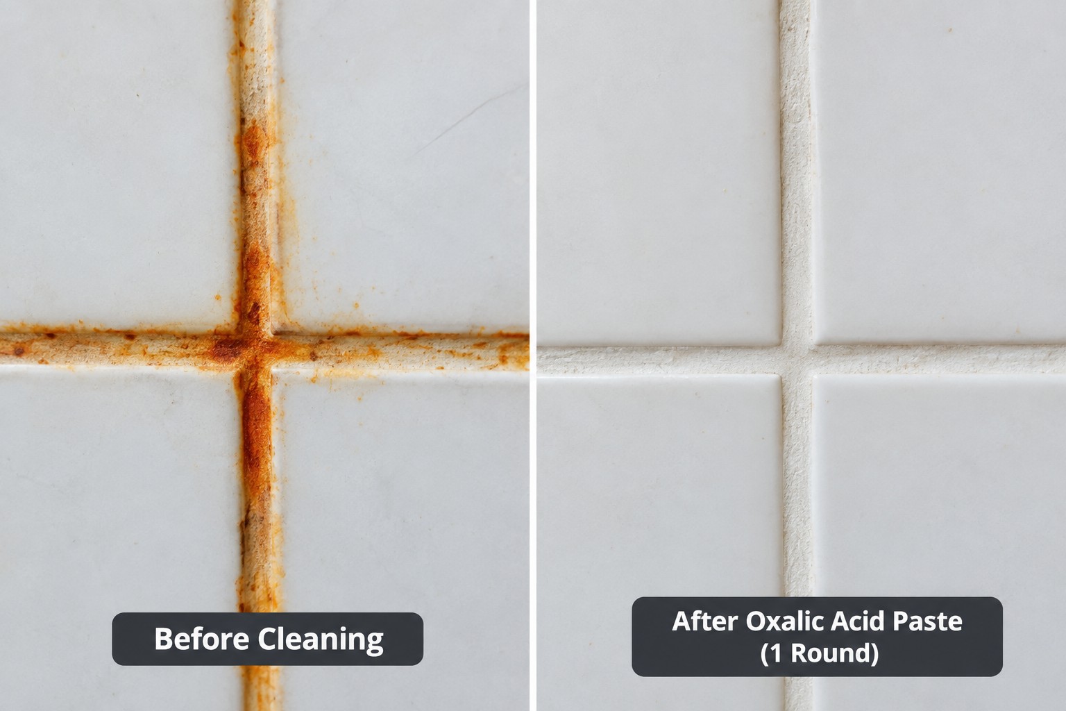 Orange rust stains on white tile grout before and after cleaning