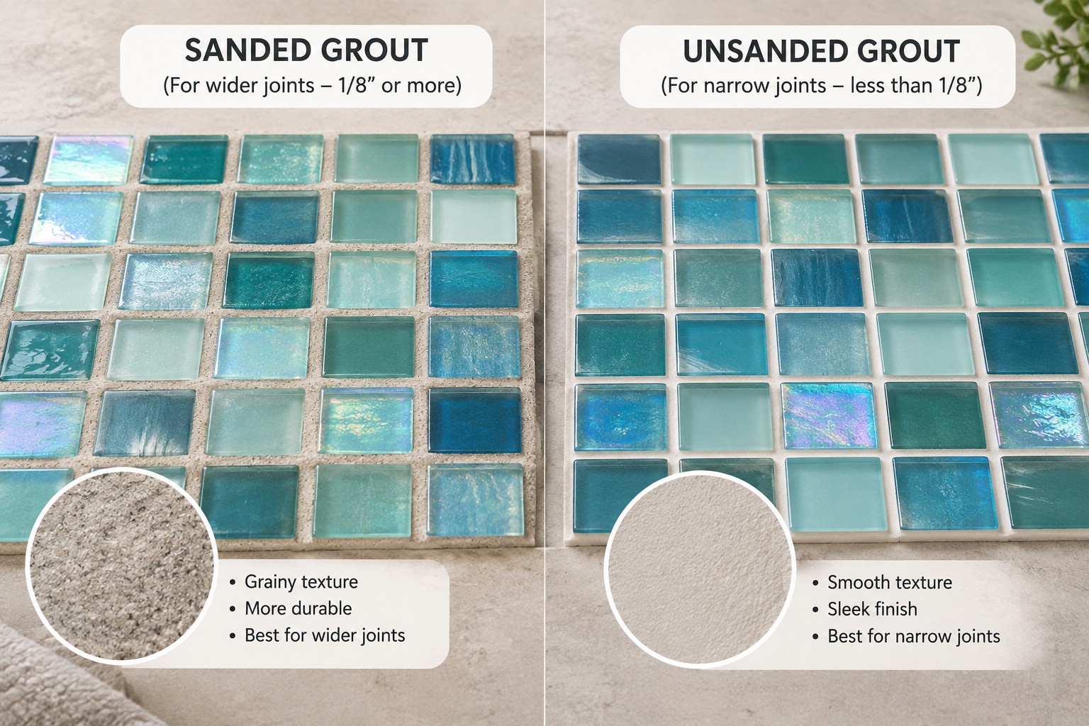 comparison of sanded and unsanded grout texture next to glass mosaic tile samples
