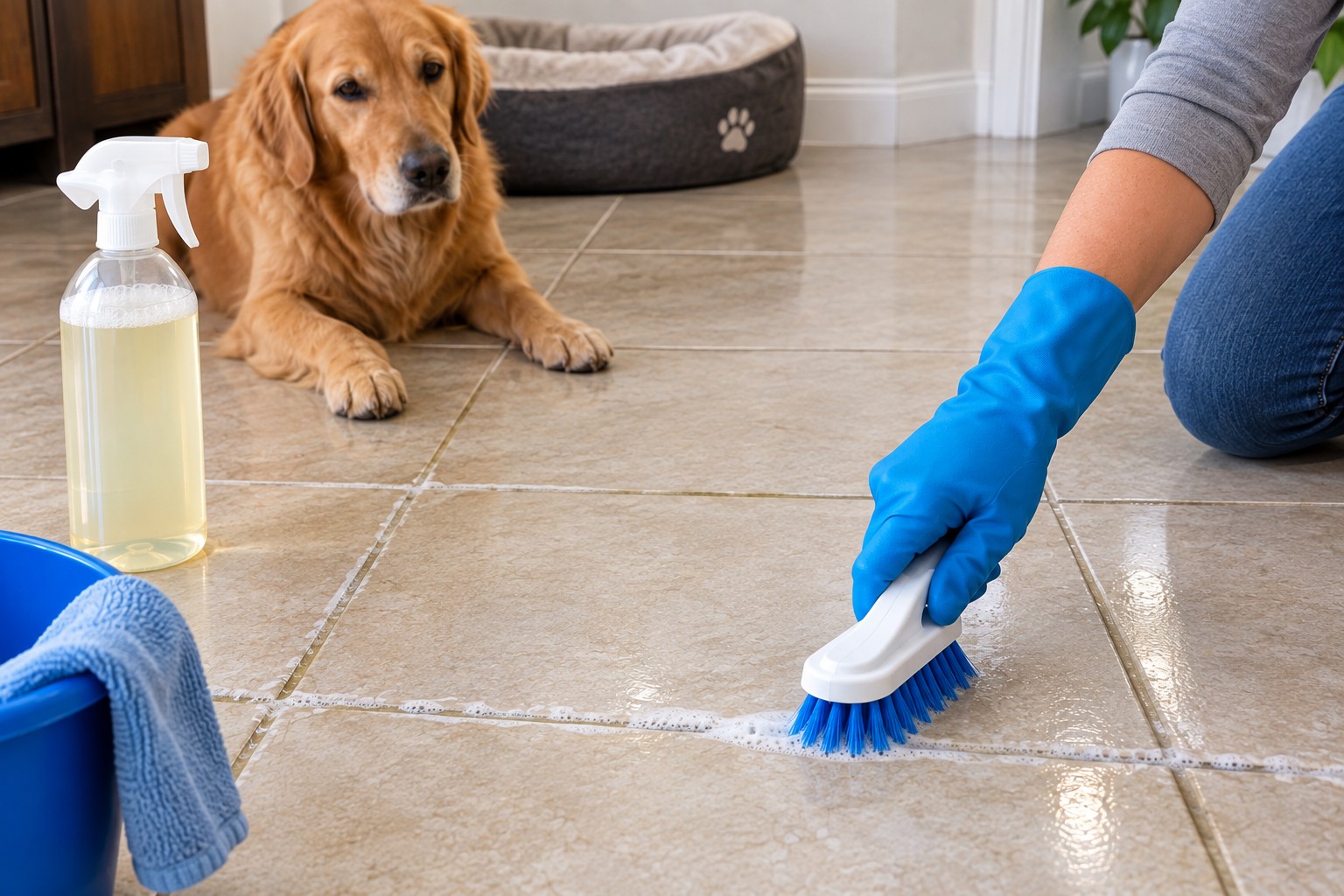 Scrubbing tile grout lines with a nylon brush after applying enzymatic cleaner to remove dog urine smell