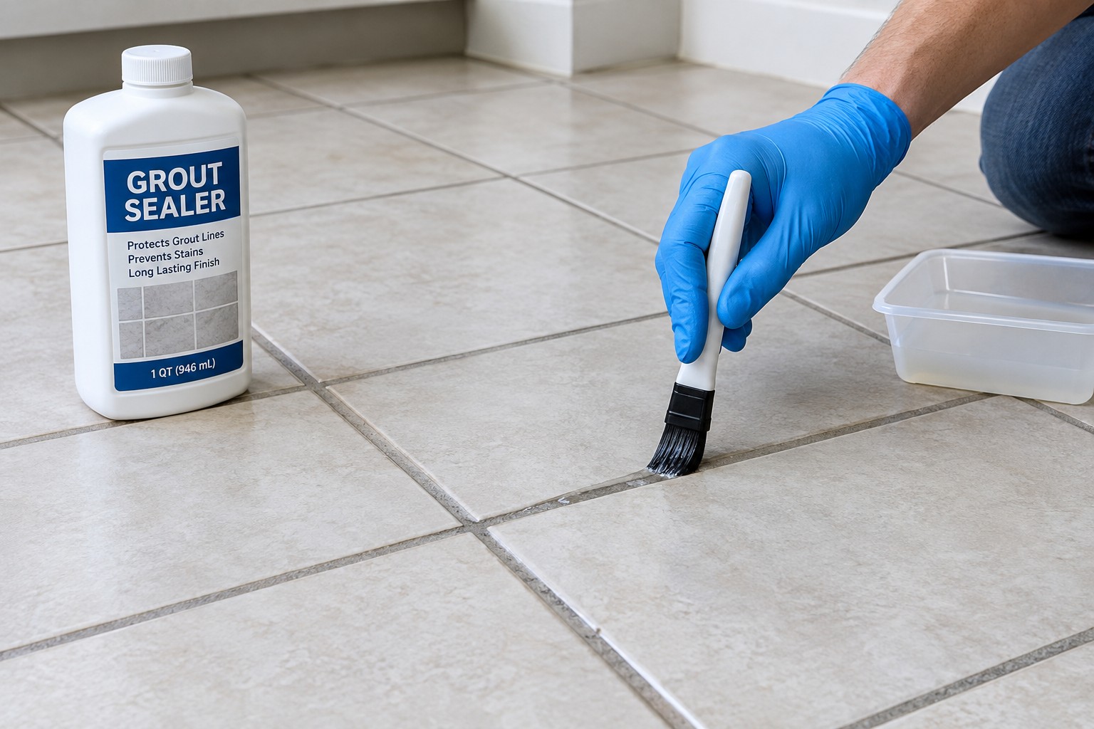 Applying grout sealer to clean, dry tile grout lines after removing dog urine odor
