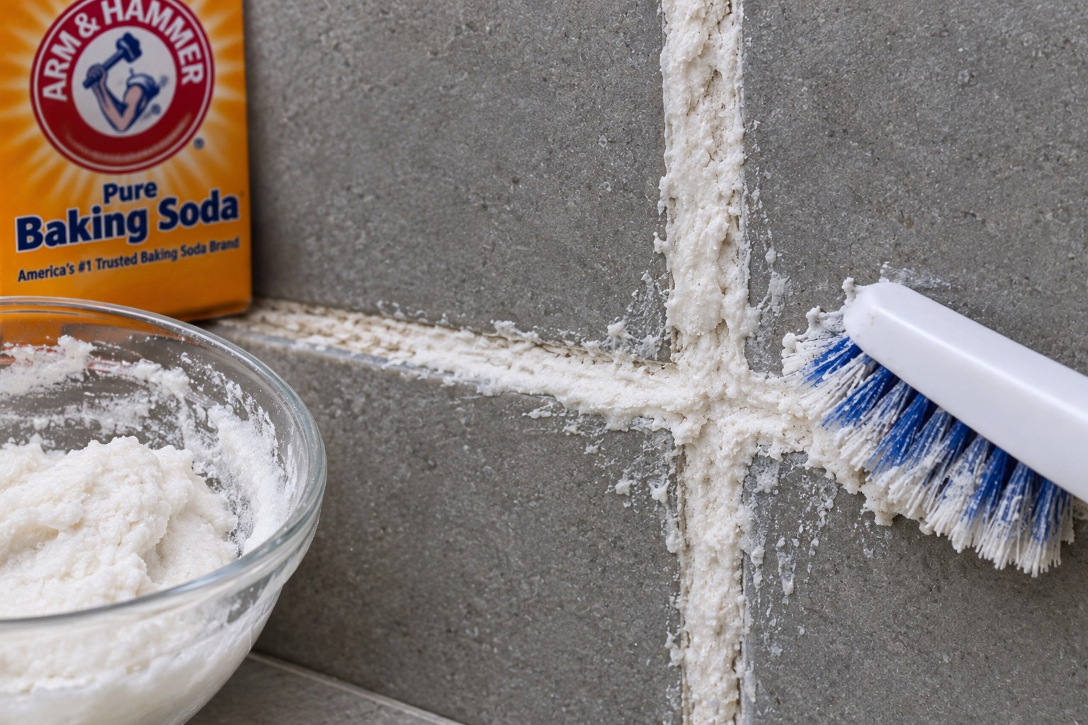 Baking soda paste pressed into dingy shower tile grout before scrubbing with a nylon brush