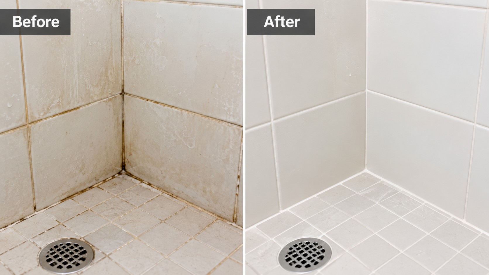 Before and after soap scum grout removal on shower tile grout lines