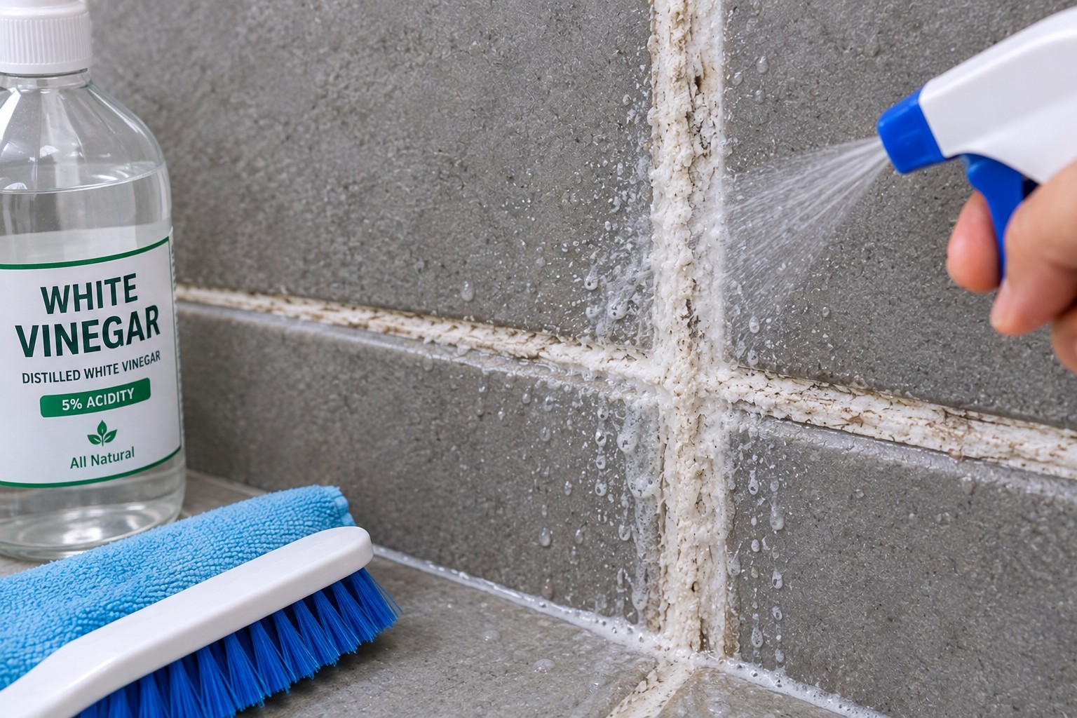 Spraying diluted white vinegar on shower grout to dissolve hard water stains
