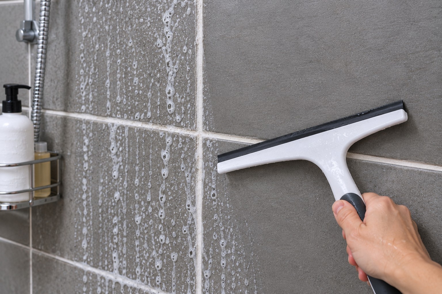 Squeegee wiping a tiled shower wall to prevent soap buildup on grout