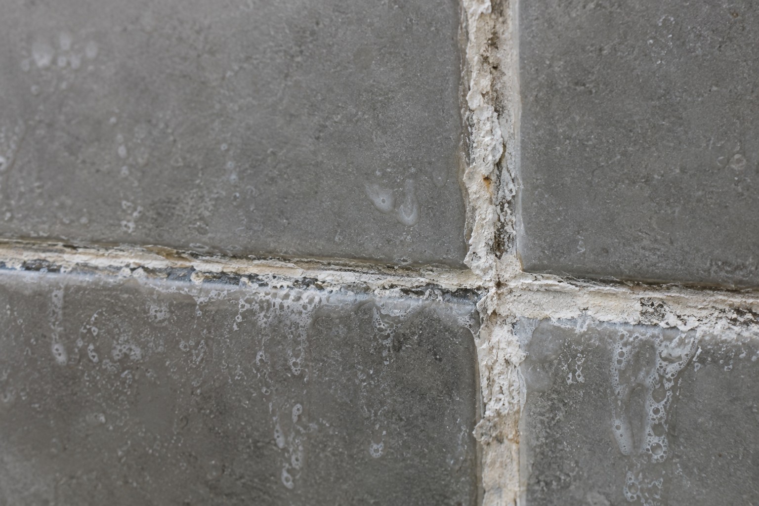 Close-up of grey soap film and white limescale crust packed into bathroom grout lines